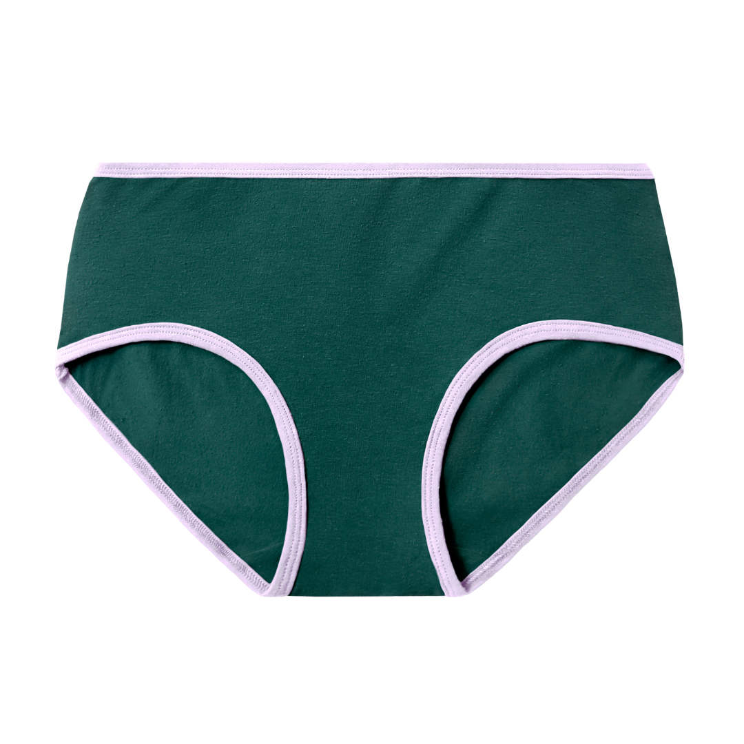 Lagoon, dark green, mid rise brief with lilac accent at the waist and leg openings.