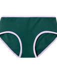 Lagoon, dark green, mid rise brief with lilac accent at the waist and leg openings.