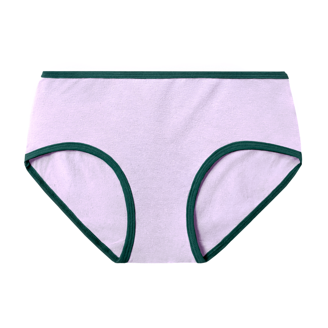 lilac light purple with lagoon, dark green, contrast at waist and leg openings