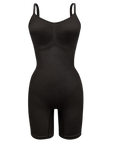 Sustainable shapewear front of black plant-based shapewear mid-thigh bodysuit made from evo and creora