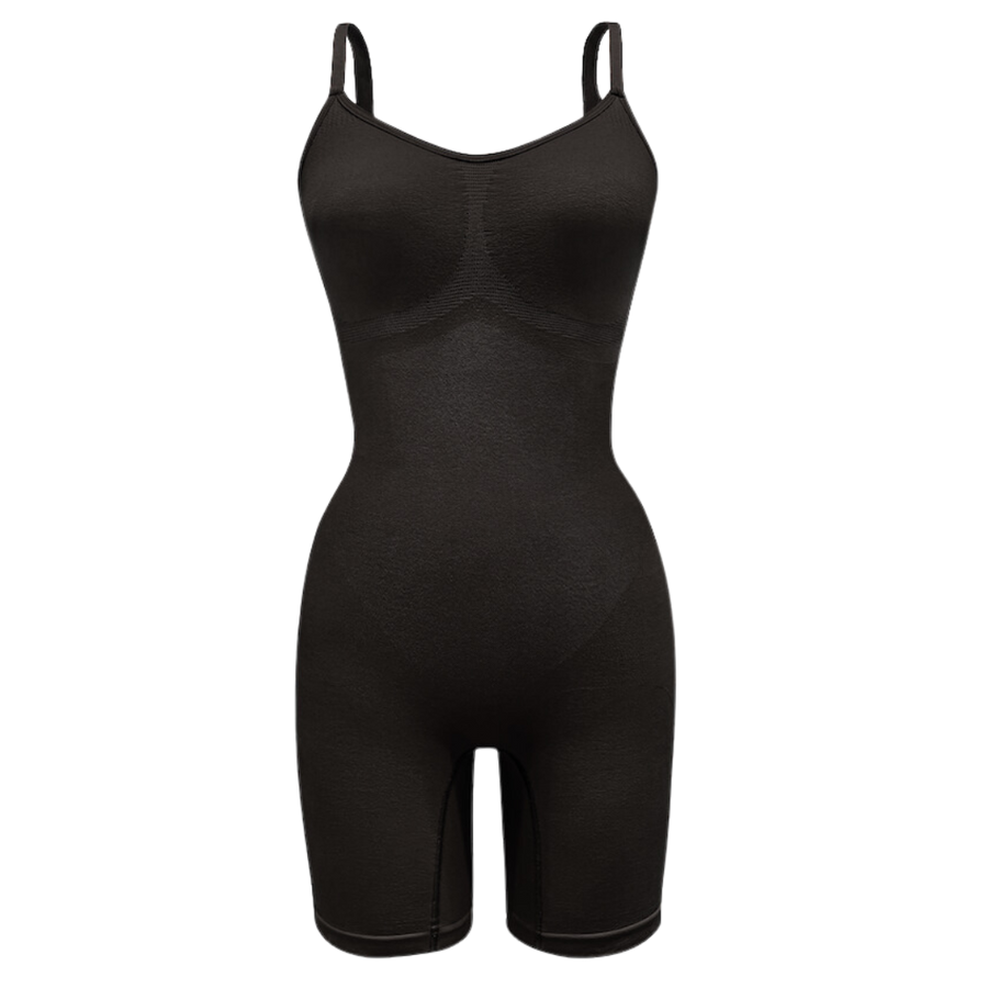 Sustainable shapewear front of black plant-based shapewear mid-thigh bodysuit made from evo and creora
