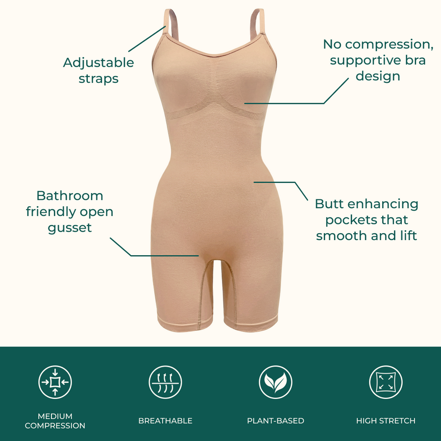 Sustainable shapewear. facts on proclaim plant-based shapewear including it's adjustable straps, no compression supportive bra design, butt enhancing pockets that smooth and lift, and bathroom friendly open gusset. The bodysuit offers medium compression, breathability, and high stretch
