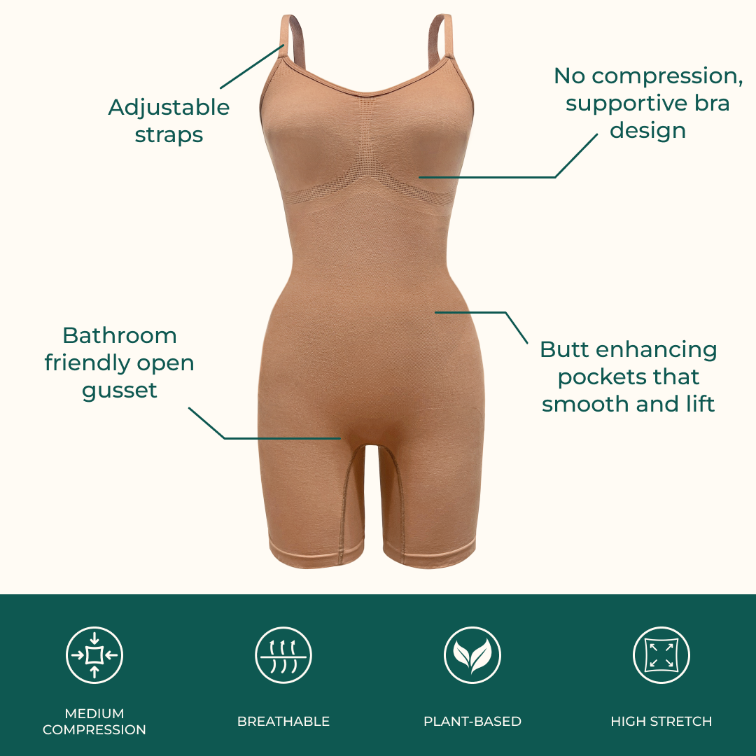 Sustainable shapewear facts on proclaim plant-based shapewear including it&#39;s adjustable straps, no compression supportive bra design, butt enhancing pockets that smooth and lift, and bathroom friendly open gusset. The bodysuit offers medium compression, breathability, and high stretch