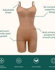 Sustainable shapewear facts on proclaim plant-based shapewear including it's adjustable straps, no compression supportive bra design, butt enhancing pockets that smooth and lift, and bathroom friendly open gusset. The bodysuit offers medium compression, breathability, and high stretch