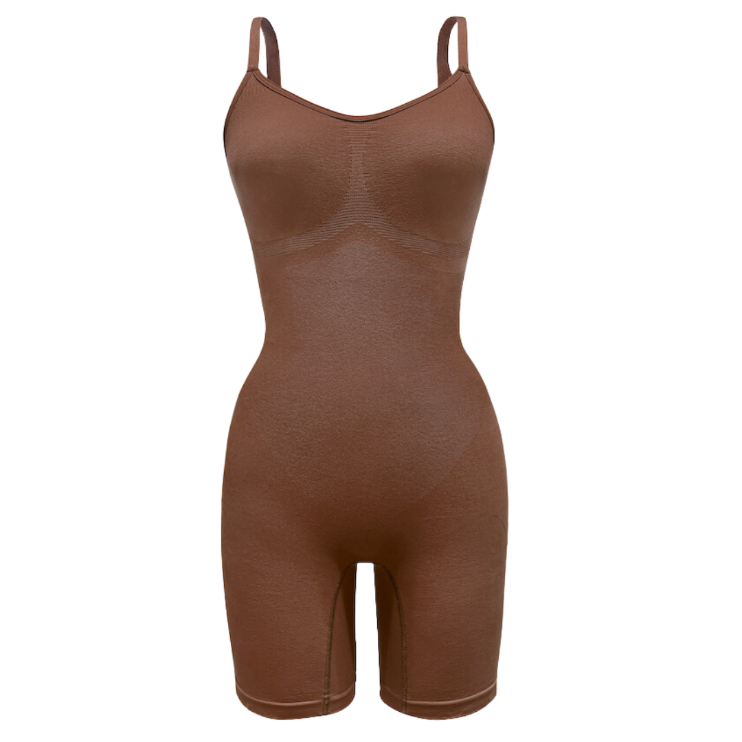 Sustainable shapewear front of ella nude, our deepest nude tone, plant-based shapewear bodysuit. made from evo and creora.