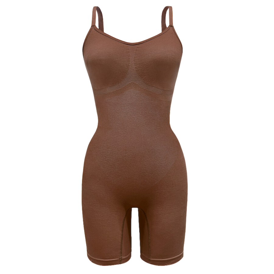 Sustainable shapewear front of ella nude, our deepest nude tone, plant-based shapewear bodysuit. made from evo and creora.
