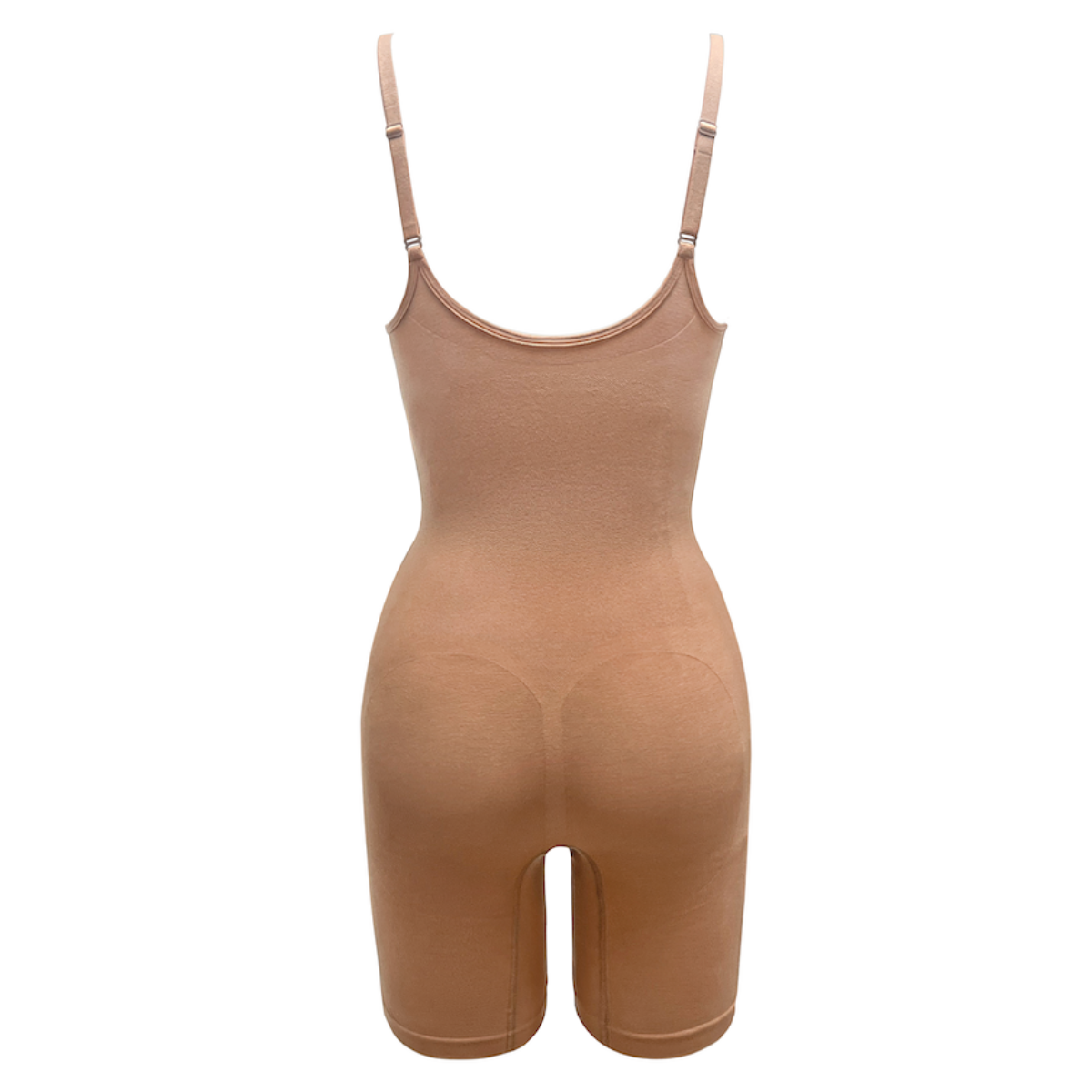 Sustainable shapewear back of maya nude, a caramel medium nude tone, plant-based shapewear mid-thigh bodysuit. ethically and sustainably made in portugal. Made from bio-based Evo and creora