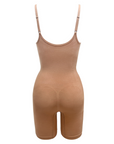 Sustainable shapewear back of maya nude, a caramel medium nude tone, plant-based shapewear mid-thigh bodysuit. ethically and sustainably made in portugal. Made from bio-based Evo and creora