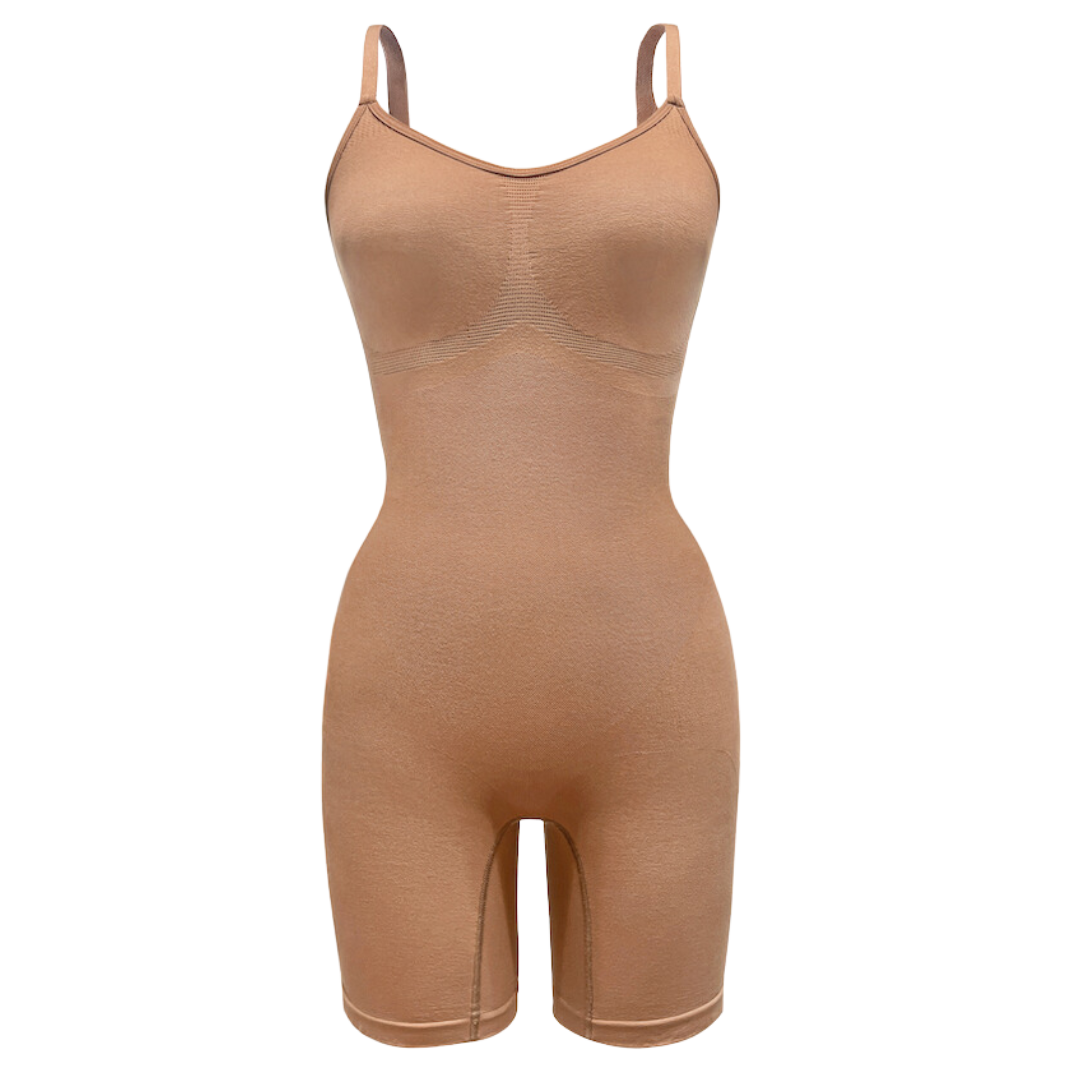 Sustainable shapewear front of maya nude, a caramel medium nude tone, plant-based shapewear mid-thigh bodysuit. ethically and sustainably made in portugal.