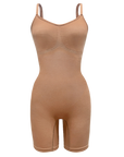 Sustainable shapewear front of maya nude, a caramel medium nude tone, plant-based shapewear mid-thigh bodysuit. ethically and sustainably made in portugal.