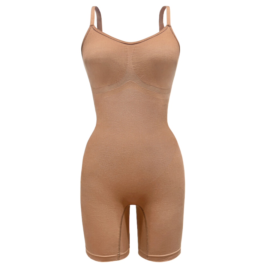 Sustainable shapewear front of maya nude, a caramel medium nude tone, plant-based shapewear mid-thigh bodysuit. ethically and sustainably made in portugal.