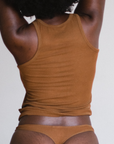 back view of ribbed tencel tank in deep nude, brown color