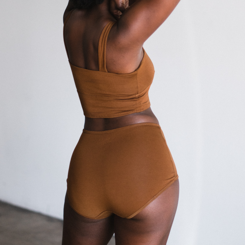 back sustainable high rise brief in ella a brown tone, made of tencel, ethically made in los angeles