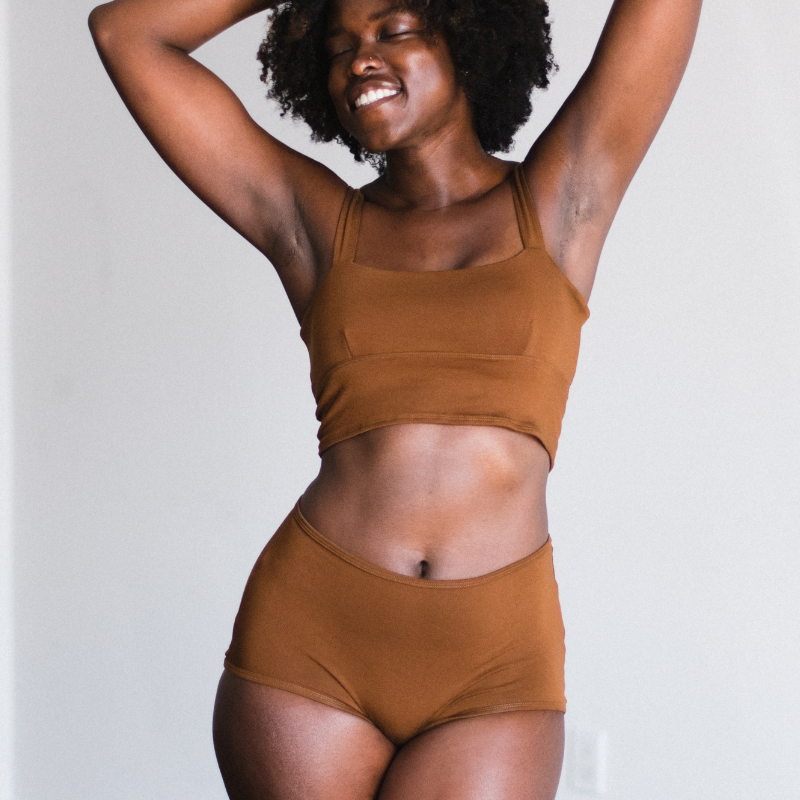 front sustainable high rise brief in ella a brown tone, made of tencel, ethically made in los angeles