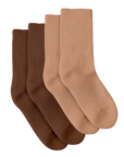 MAYA NUDE AND ELLA NUDE, A DARK BROWN AND CARAMEL TONE, PREMIUM ORGANIC PIMA CREW COTTON SOCKS. ETHICALLY AND SUSTAINABLY MADE IN PERU.