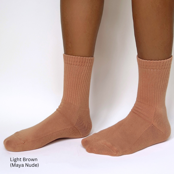 light brown organic pima cotton crew sock ethically made in peru; maya nude