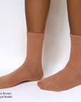 light brown organic pima cotton crew sock ethically made in peru; maya nude