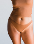 maya caramel brown ribbed tencel thong front view