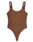 Ella nude, a chocolate brown tone, bodysuit in scoop neck tank style with thong bottom.