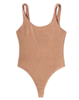 Maya nude, a caramel medium nude, bodysuit flat lay. scoop neck with thong bottom.