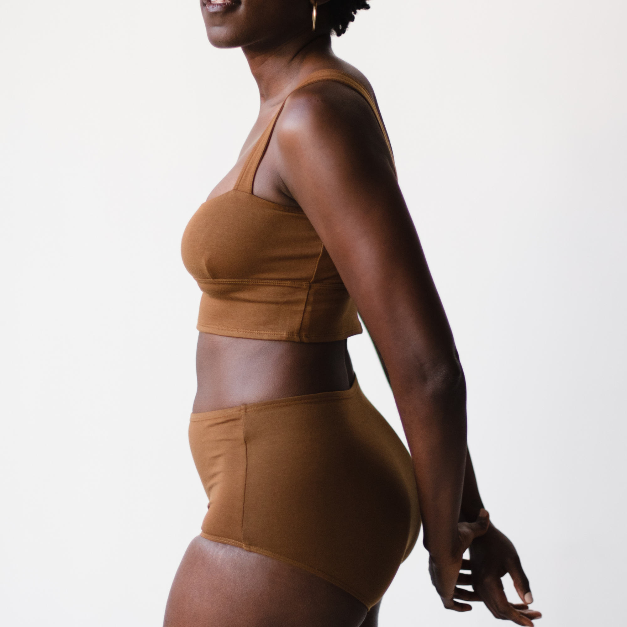 Square neck bralette crop top in Ella nude brown on model side view