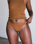 ella nude brown ribbed tencel thong front view